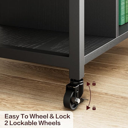 GAOMON Under Desk Printer Stand with Charging Station, Industrial Printer Table with 3 Storage Shelves, Mobile Heavy Duty Printer Cart with Lockable Wheels for Paper Storage, Home Office,Retro Black