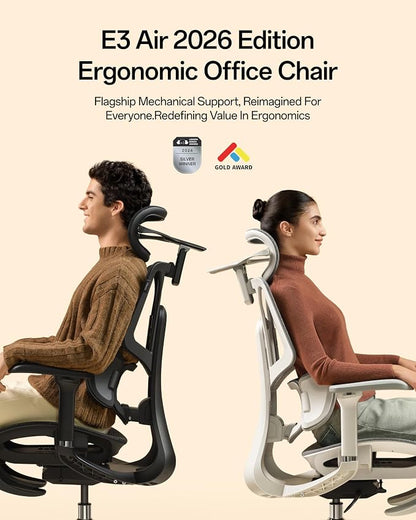 Hbada E3 Air 2026 Ergonomic Office Chair, 3-Zone Lumbar Support, Comfy Home Office Chair with Auto Recline, 4D Headrest & Armrests, 140° Tilt for Work & Relax, Grey with Footrest