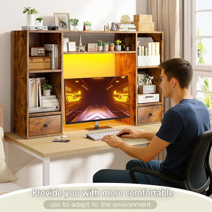 REIBII Desktop Bookshelf with LED Lights,47.2" Desktop Organizer with 6 Shelves and 2 Drawers for Top of Desk,Multipurpose Desk Hutch Dorm with Adjustable Shelves for Home and Office,Rustic Brown