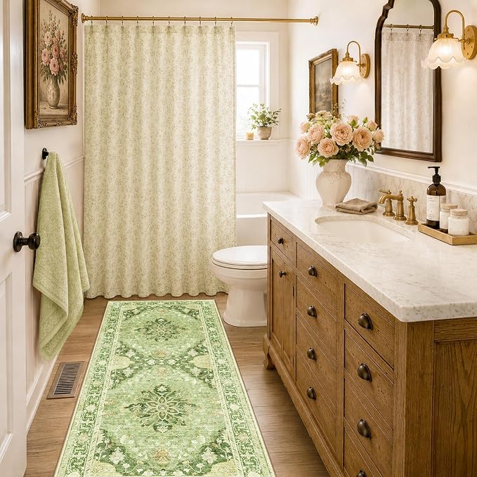 RELEANY Area Rugs Runner 2'x6' Washable Non-Slip, Floral Vintage Distress Medallion Carpet for Kitchen Hallway Bedroom Beside Laundry Room Bathroom, Sage Green Yellow
