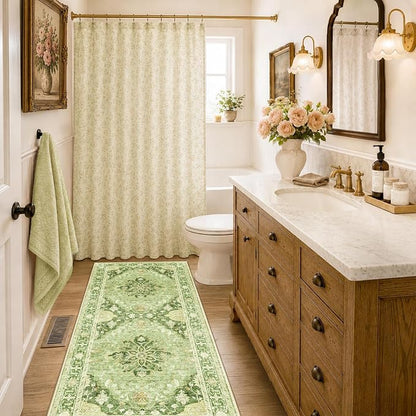 RELEANY Area Rugs Runner 2'x6' Washable Non-Slip, Floral Vintage Distress Medallion Carpet for Kitchen Hallway Bedroom Beside Laundry Room Bathroom, Sage Green Yellow