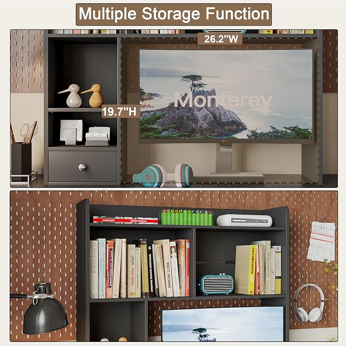 ChooChoo Desktop Bookshelf, 36.4" Tall Countertop Desk Hutch with 5 Shelves and 1 Drawer for Computer Desk, Desk Shelf Organizer for Dorm Office Home,Black