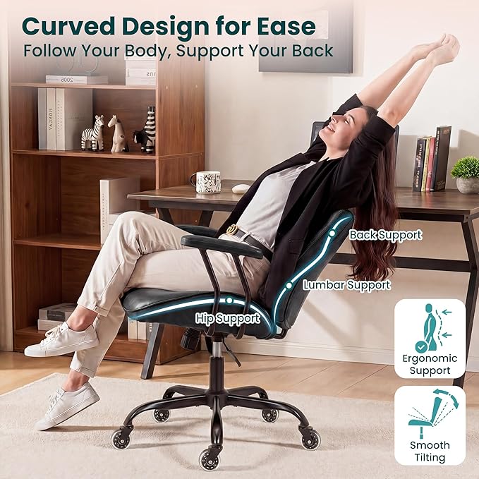 NEO CHAIR Ergonomic Leather Office Desk Chair with Fixed Armrests Mid Back Lumbar Support Swivel Executive Computer Chair with Wheels Comfy Home Office Chair for Adults (Black)