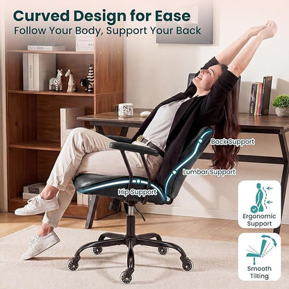 NEO CHAIR Ergonomic Leather Office Desk Chair with Fixed Armrests Mid Back Lumbar Support Swivel Executive Computer Chair with Wheels Comfy Home Office Chair for Adults (Black)