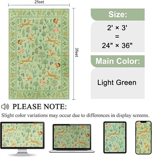 DUKINO 2x3 Rug, Washable Animal Rugs for Entryway, Non Slip Indoor Door Mat, Soft Low Pile Small Area Carpet for Entrance, Bedroom, Kitchen, Laundry, Bathroom, Light Green