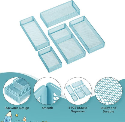 Marbrasse 5 Pack Desk Drawer Organizer Set, Mesh Drawer Storage Trays with 1 Adjustable Divider, Desk Organizers and Accessories, 5 PCS Drawer for Office Supplies, Makeup & Vanity (Blue)
