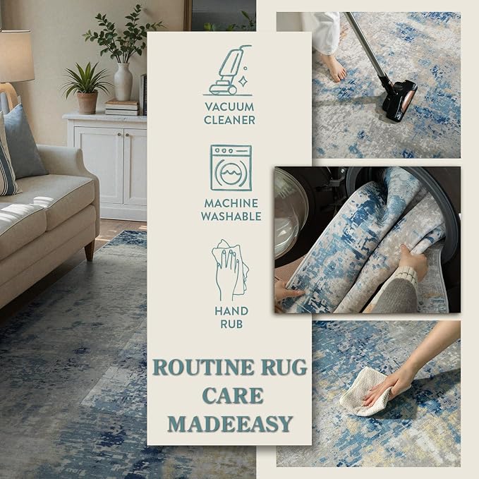 Lahome Modern Abstract Area Rug 4x6, Washable Living Room Rug for Bedroom Entryway Non Slip, Soft Contemporary Indoor Floor Throw Carpet for Apartment Playroom Home Office, Blue