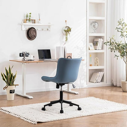 YOUNIKE Blue Office Desk Chair with Wheels Comfy Armless Vanity Chair with Back Modern Small Faux Leather Upholstered Rolling Task Chair Cute Computer Drafting Sewing Chair Swivel Adjustable Compact