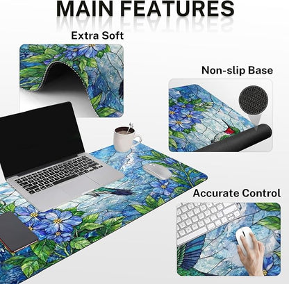 Britimes Floral Hummingbird Botanical Keyboard Mouse Pad Set Blue Nature 4in1 Large Mousepad+Keyboard Wrist Rest+Mouse Wrist Rest+Coaster Ergonomic Design for Home Office Computer 35.4x15.7 inches