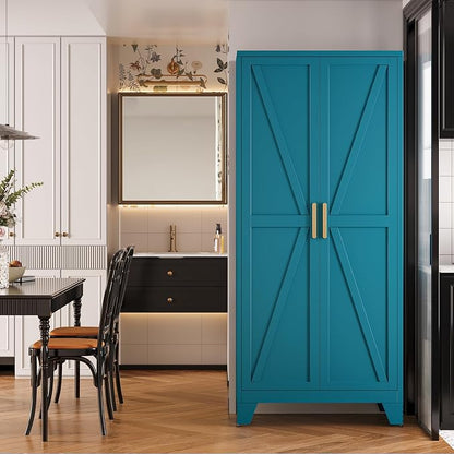 QINPTWUT 71" Metal Storage Cabinet with Doors and Shelves, Tall Pantry Cabinet in Blue with 2 Doors & 4 Adjustable Shelves, All-Steel Farmhouse Cupboard for Kitchen, Living Room,Home Office,Garage