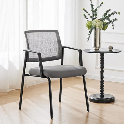 Mesh Back Stacking Arm Chairs, Office Reception Guest Chair with Upholstered Fabric Seat and Ergonomic Lumber Support, Sturdy Metal Office Chairs, Grey-4pack