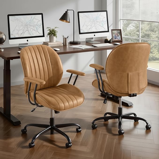 KISLOT Ergonomic Home Office Chair with Removable Arms, Adjustable Swivel Desk Chair with Wheels, Modern Faux Leather Computer Chair with Lumbar Support, Set of 2, Camel Brown