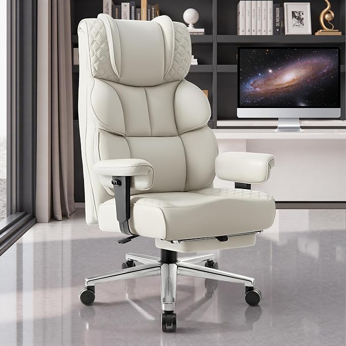BestGlory Office Desk Chair, Big and Tall Leather Gaming Chair with Footrest, Ergonomic Comfy Executive High-Back Reclining Computer Chairs, Wide Swivel Rolling Wheels and Padded Lumbar Support, White
