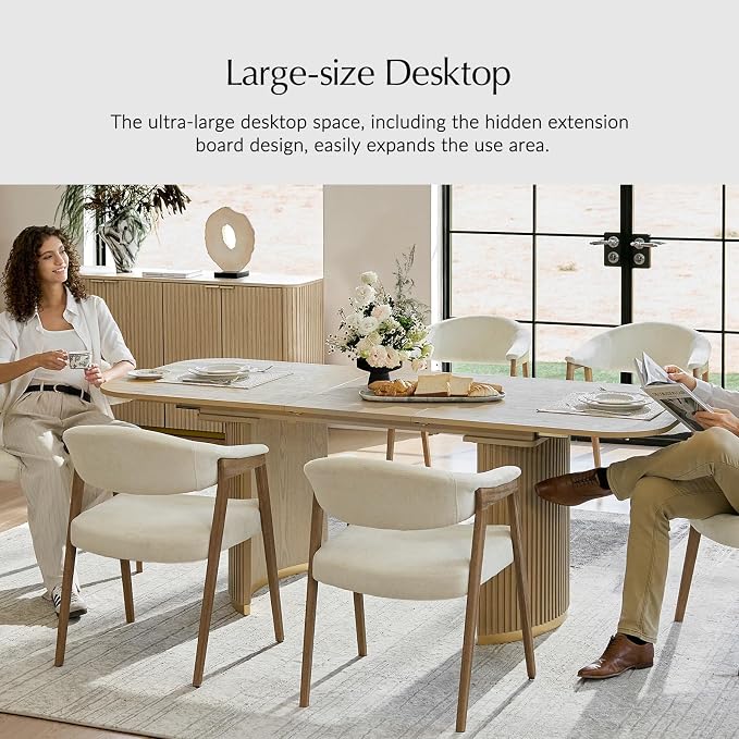 HULALA HOME 60"-80.75" Extendable Dining Table, Solid Wood Kitchen Table with Removable Leaf, Fluted Base, Mid-Century Modern Home Office Desk for Dining Living Working Room-Natural
