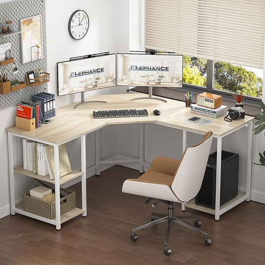 Elephance Large L-Shaped Computer Desk with Shelves, Corner Desk, Home Office Writing Workstation, Gaming Desk PC Latop Table with Storage