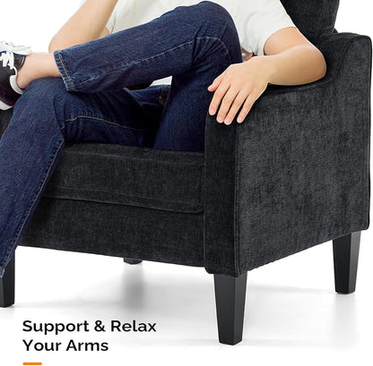 VINGLI Living Room Chairs Set of 2, Black Accent Chair 5.5" Thick Seat Cushion Comfy Chair Soft Chenille Side Chair Upholstered Arm Chair for Bedroom, Play Room, Apartment, Office (Black)