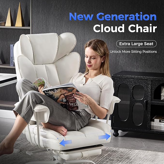 amseatec Big and Tall Office Desk Chair - Wide Ergonomic Executive with Footrest, High Back Lumbar Support Reclining Gaming Computer Chair for Heavy People (White)