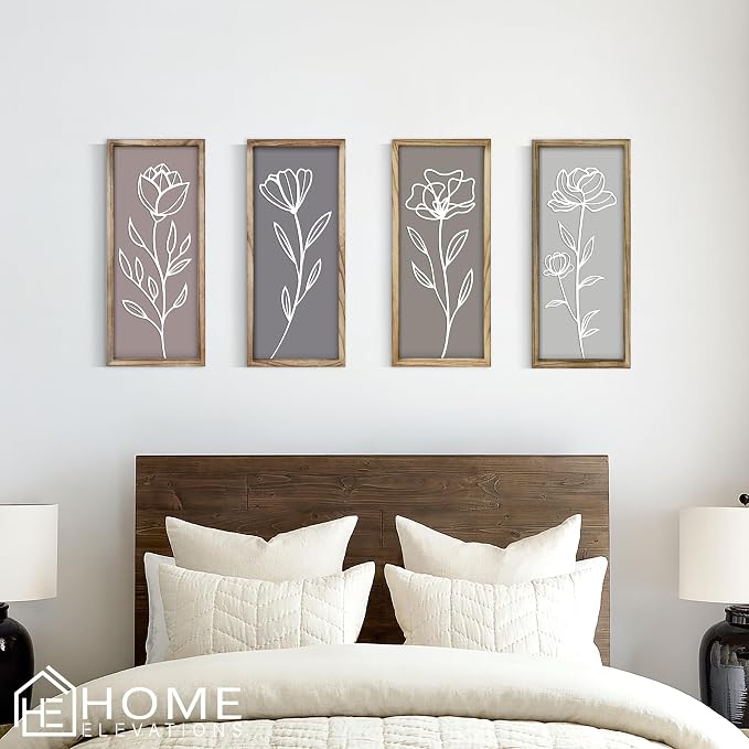 3D Floral Bathroom Wall Decor, Set of 4 Wooden Framed Home Decor | Boho Botanical Wall Hanging Art, Modern Farmhouse Style, Bedroom, Living Room, Kitchen, Office Accent, Housewarming Gift