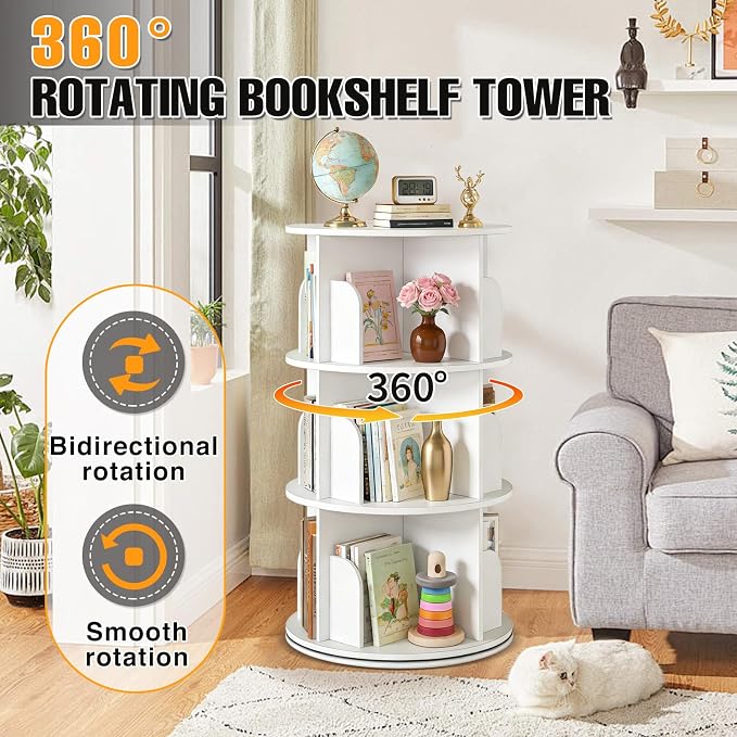RUNSUNSPRI 3 Tier Rotating Bookshelf Tower Spinning Bookshelf Revolving 360°Bookcase Storage Round Carousel Vertical Rotate Turning Spiral Corner Organizer Lazy Susan White