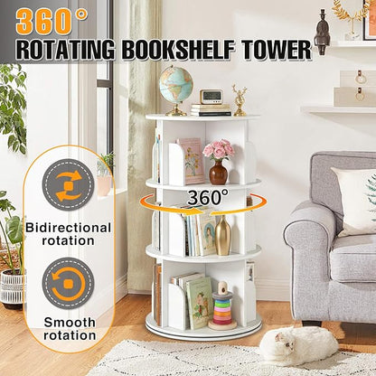 RUNSUNSPRI 3 Tier Rotating Bookshelf Tower Spinning Bookshelf Revolving 360°Bookcase Storage Round Carousel Vertical Rotate Turning Spiral Corner Organizer Lazy Susan White