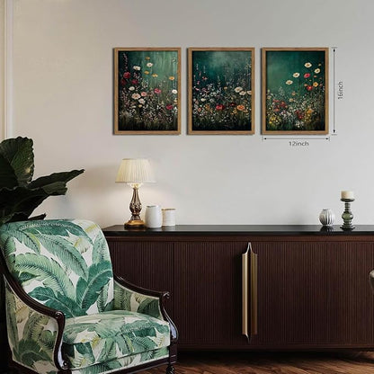Vintage Wildflower Wall Art Set of 3, Moody Dark Green Flower Botanical Wall Decor Paintings,Nature Floral Farmhouse Landscape Posters Prints Pictures for Living Room Bedroom 12x16 Inch Wood Framed