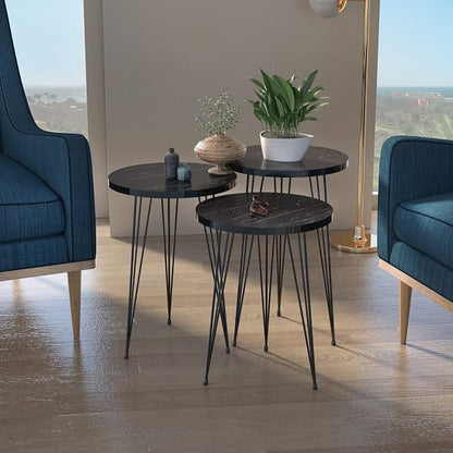 Set of 3 Nesting End Tables Round Wood Stacking Coffee Side Accent Sofa Table with Metal Legs for Living Room, Home Office, Nightstands for Bedroom (Black Marble)
