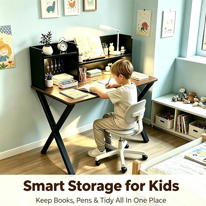 44"×24" Black Computer Desk with Charging Ports, Home Office Desk with Hutch Pegboard Study Gaming Desk with Motion Sensor Light, Modern Writing Desk Table for Home Office Bedroom Kis Room