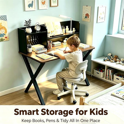 Lightdot 44" ×24" Black Home Office Computer Desk with Charging Ports, Study Gaming Desk with Hutch Pegboard & Motion Sensor Light, Student Writing Desk with Storage for Home Office Bedroom