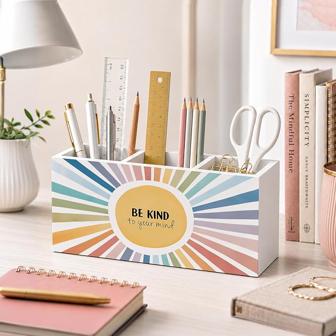 Boho Sunshine Mental Health Pen Holder for Desk, Inspirational Be Kind to Your Mind Wooden Box Sign Desk Decor for Classroom Home Office Decoration, Colorful Sun Pencil Organizer
