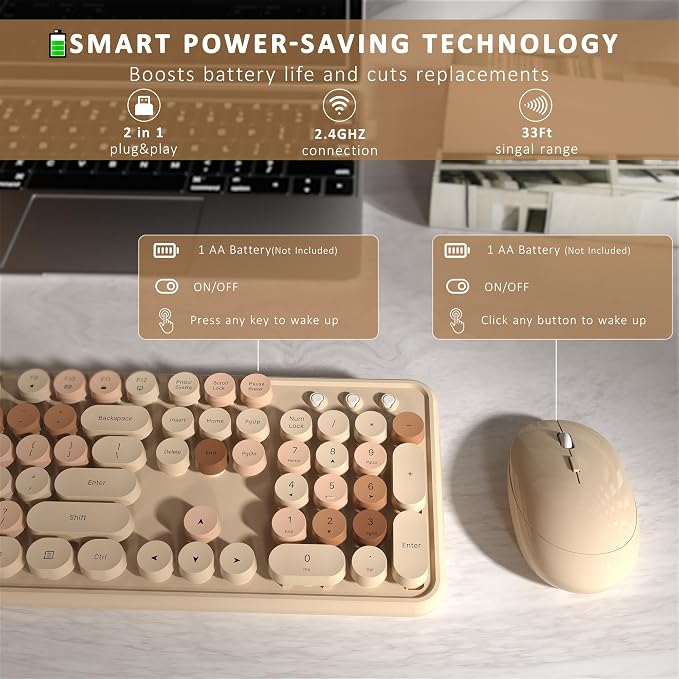 Links9+ Wireless Keyboard and Mouse, Full-Size Retro Typewriter Keyboard with Round Keycaps, 2.4GHz for Windows, Mac, Laptop, PC, Desktop (Milky Tea Colorful)