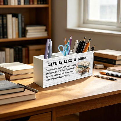 Inspirational Book Lover Gifts Pen Pencil Holder Organizer for Home Office Classroom Desk Accessories, Reader Gifts, Bookish Wood Signs for Reading Nook Corner Room Desk Tabletop Decor
