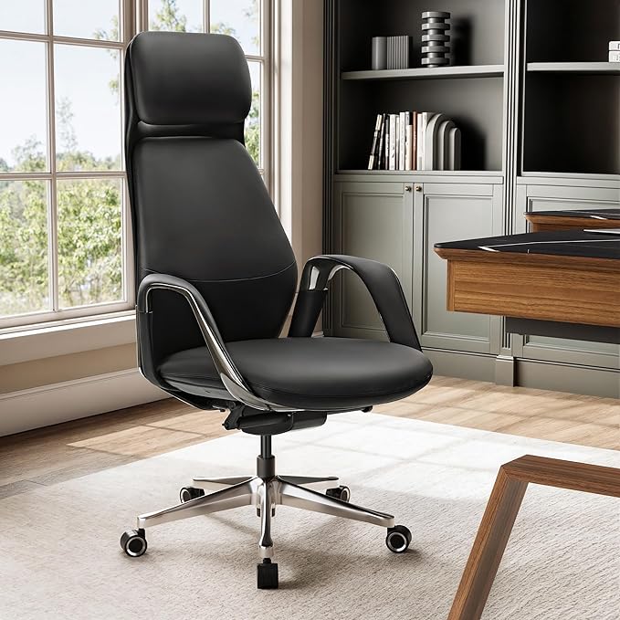 EUREKA ERGONOMIC Serene Executive Office Chair, Premium Nappa Leather High Back Boss Chair with Aluminum Base, Ergonomic Chair with Lumbar Support & Recline, Heavy Duty for Long-Hour Comfort, Black