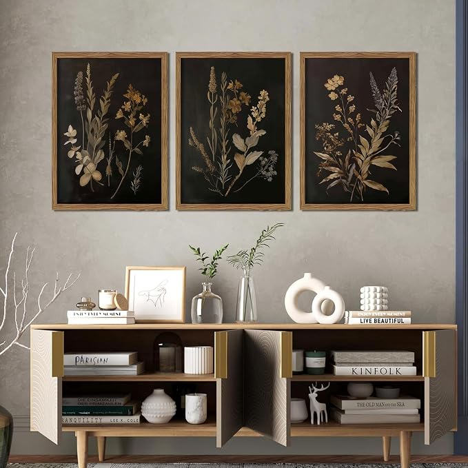 Framed Dark Botanical Wall Art Set of 3, Black Moody Floral Wall Decor Paintings, Dark Academia Decor, Vintage Flower Artwork Prints Pictures for Living Room Bedroom Bathroom 12x16 Inch