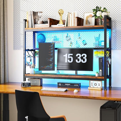 REIBII 35.5" Desk Shelf with LED Lights and Hooks,2-Tier Adjustable Multipurpose Solid Wood Desk Hutch Dorm,Desktop Organizer Rack with 3 Display Rack for Dorm,Office Home,Rustic Brown