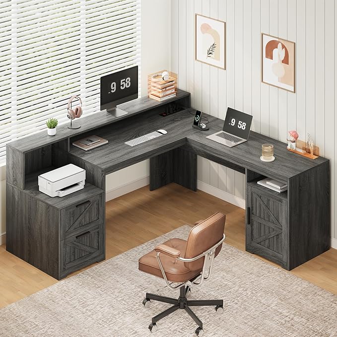 YOMILUVE 63" Farmhouse L Shaped Executive Desk with Drawers & Storage Shelf, Corner Computer Desk with Power Outlets, L Shaped Office Desk with Monitor Stand, Printer Shelf, Dark Gray
