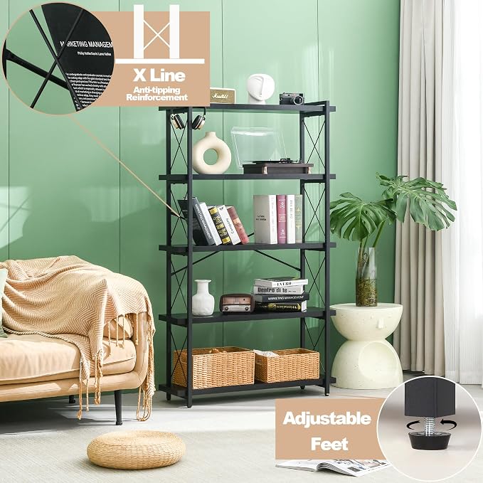 HCHQHS Bookshelf, 5-Tier Industrial Bookcase, Black Open Book Shelf, Freestanding Tall Bookshelves with Metal Frame