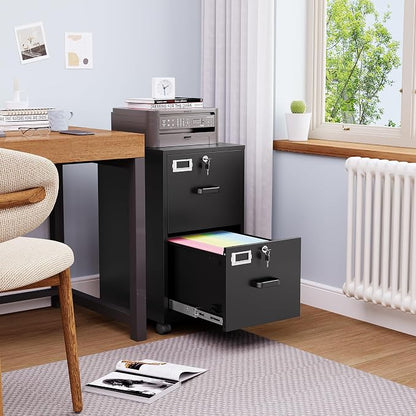 BYNSOE 2 Drawers File Cabinet with Lock Metal Vertical File Cabient with Wheels Mobile File Cabinet for Office Home Legal/Letter/a4 Size Require Assembly