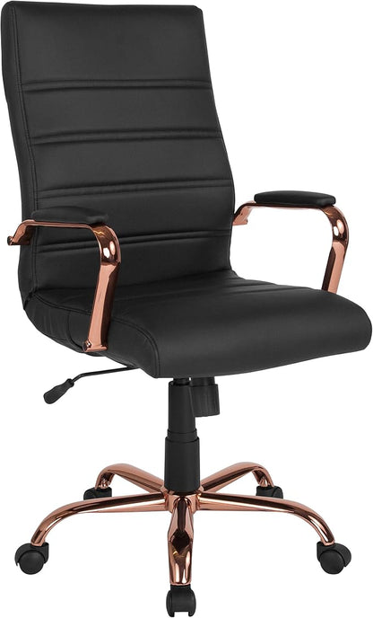 EMMA + OLIVER Faux Leather High-Back Swivel Home Office Desk Chair with Wheels, Padded Seat, and Armrests, Adjustable Height Multipurpose Office Chair, Black/Rose Gold