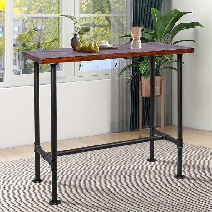 DIY Industrial Design Pipe Dining Table Casual Pub BAR Laptop Table Modern Studio Wood and Metal Rectangular Dining Table homeoffice Desk Breakfast high bar Table Brown Desktop 47.3" × 23.6"