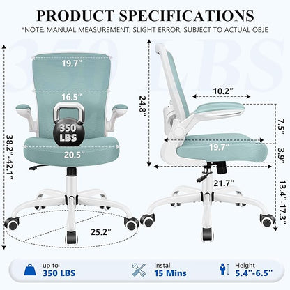 FelixKing Office Chair, Ergonomic Desk Chair Breathable Mesh Chairs Adjustable High Back Lumbar Support Flip-up Armrests, Executive Rolling Swivel Comfy Computer Chairs Home Office Light Blue