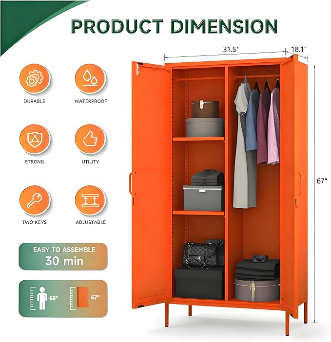 Metal Storage Wardrobe Cabinet with Lock, 67" Armoire Storage Cabinets Locker with Shelves and Hanging Rod, Steel Freestanding Metal Locker for Home Bedroom Orange 67" H X 31.5" W X 18.1" D