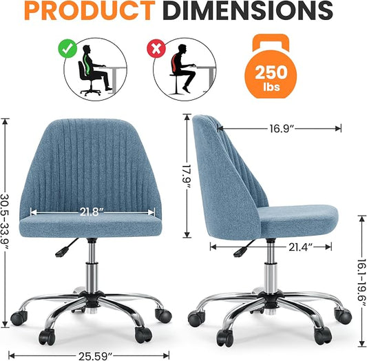 Simple Deluxe Armless Office Desk Chair, Modern Cute Swivel Vanity Chair Comfy Home Office Chairs with Wheels Height Adjustable Rolling Computer Task Stools for Living Room, Make-up, Bedroom, Blue