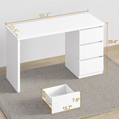 furtble White Desk with Drawers, 55'' W Home Office Computer Desk Gaming Table, Modern Vanity Desk with Storage, Wood Writing Workstation for Bedroom, Living Room, White