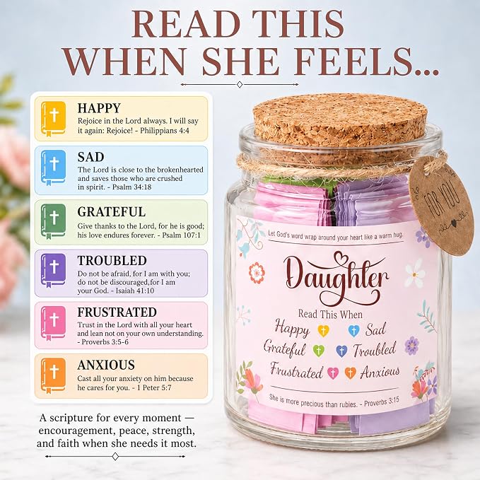 Bible Verses Jar for Daughter – Daughter Gifts From Mom, Graduation Gifts for Daughters, 92 Bible Verses Folded by hand, Christian Gift for Women