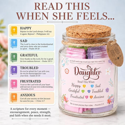 Bible Verses Jar for Daughter – Daughter Gifts From Mom, Graduation Gifts for Daughters, 92 Bible Verses Folded by hand, Christian Gift for Women