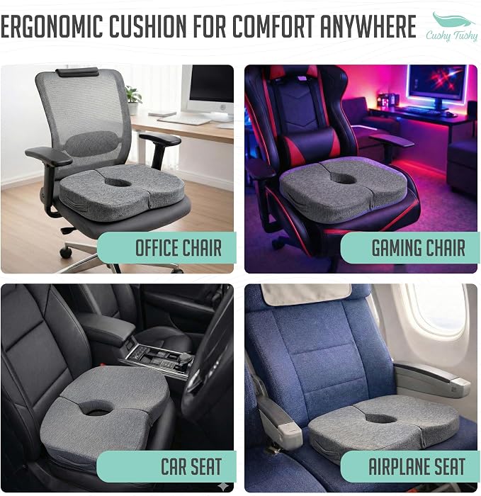 Cushy Tushy Tailbone Pain Relief Cushion - Premium Foldable Travel Tailbone Seat Cushion - for Relief of Lower Back, Sciatic, Butt and Tailbone Pain - Perfect for Home, Office & Driving