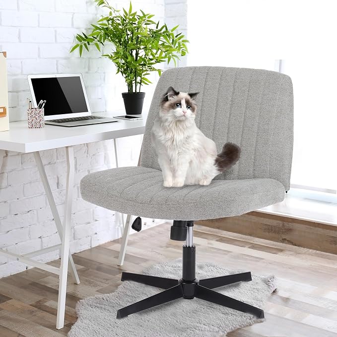 DUMOS Criss Cross Chair No Wheel Legged Office Wide Comfy Desk Vanity Chair, Armless Computer Task Seating PU Leather, Swivel Home Height Adjustable for Bedroom, Study, Grey No Wheel