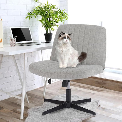 DUMOS Criss Cross Chair No Wheel Legged Office Wide Comfy Desk Vanity Chair, Armless Computer Task Seating PU Leather, Swivel Home Height Adjustable for Bedroom, Study, Grey No Wheel