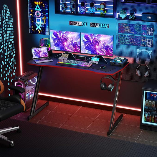 BestOffice Gaming Desk Z Shaped 47 inch PC Computer Desk Computer Workstation Ergonomic Gaming Table with Headphone Hook for Game Players, Black&Red