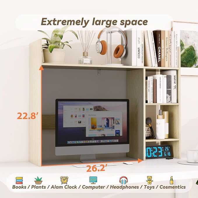 FTZxHKLX Desktop Bookshelf, 37.4’’ Wooden Desk Storage Hutch with 3 Shelves,4 Tier Multipurpose Display Shelf with Storage, Wooden Desk Shelf Organizer for Computer Desk, College Dorm, Office, Home